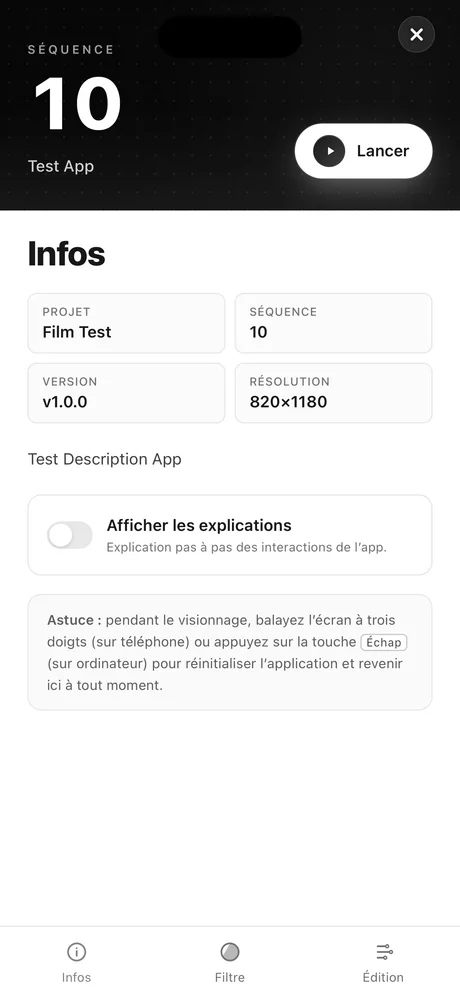 La fiche d'une séquence dans Viewer : projet, version, résolution.